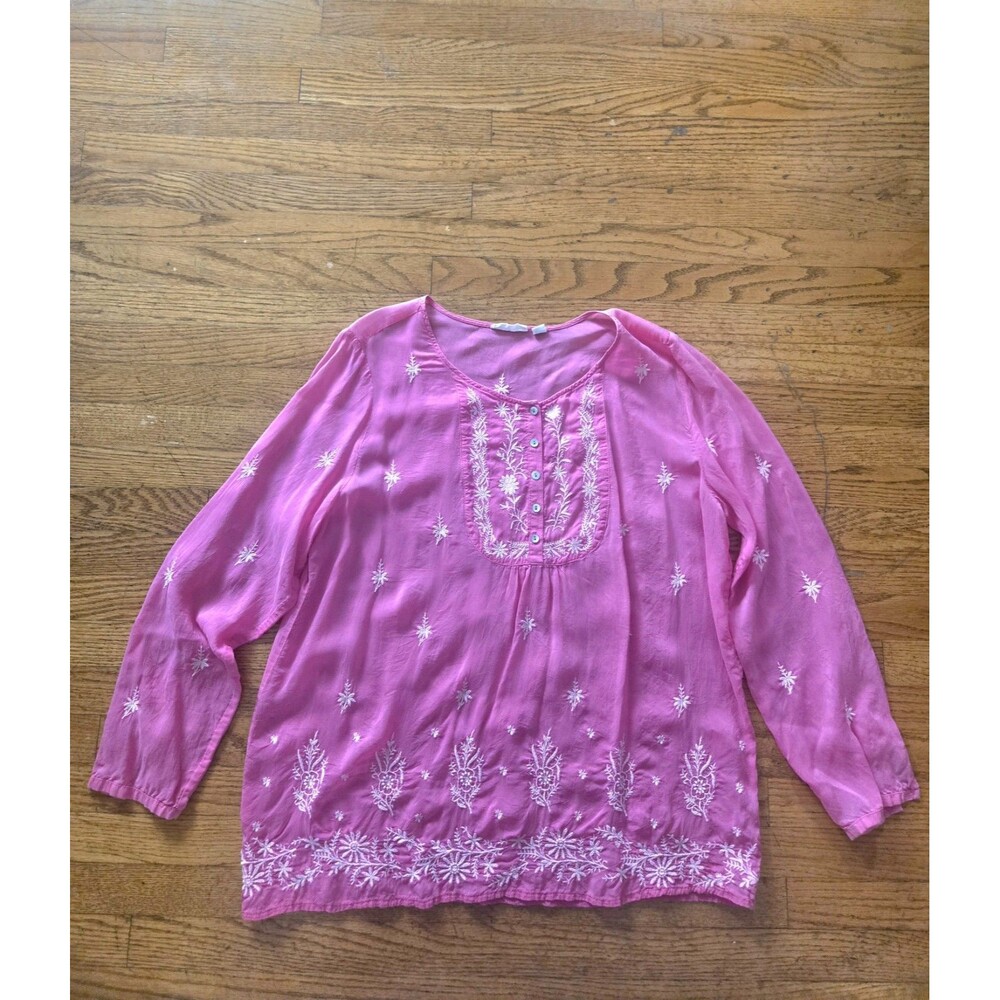 J Jill Uncommon Threads Pink Embroidered Sheer Tunic Blouse Size Large